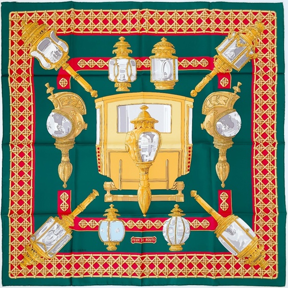 NWT Vintage Hermes Scarf “Feux de Route” in Deep Green - Picture 1 of 9